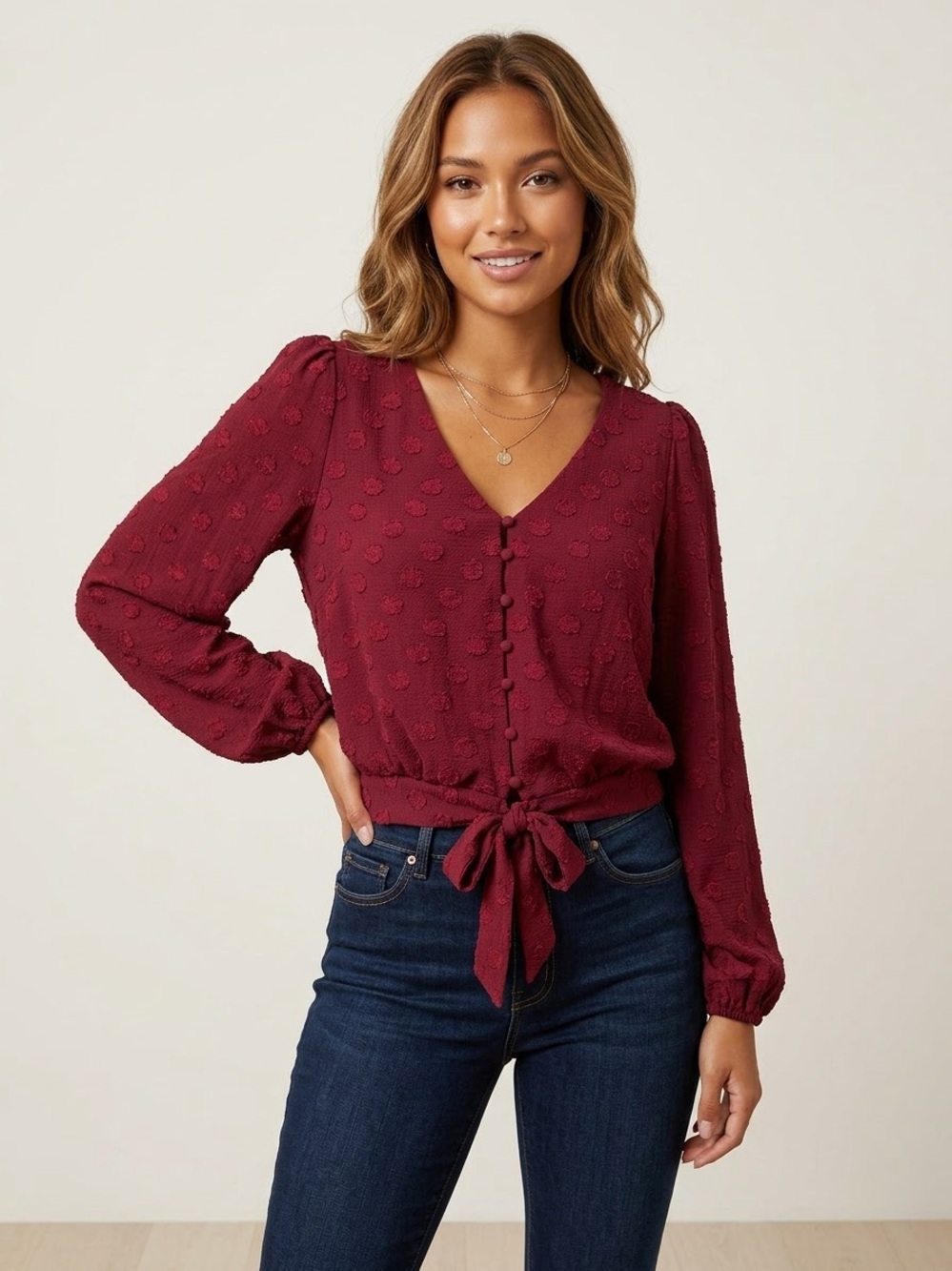 Lush Maroon Swiss Dot Button-Up Front Tie Crop Long Sleeve Blouse Size S